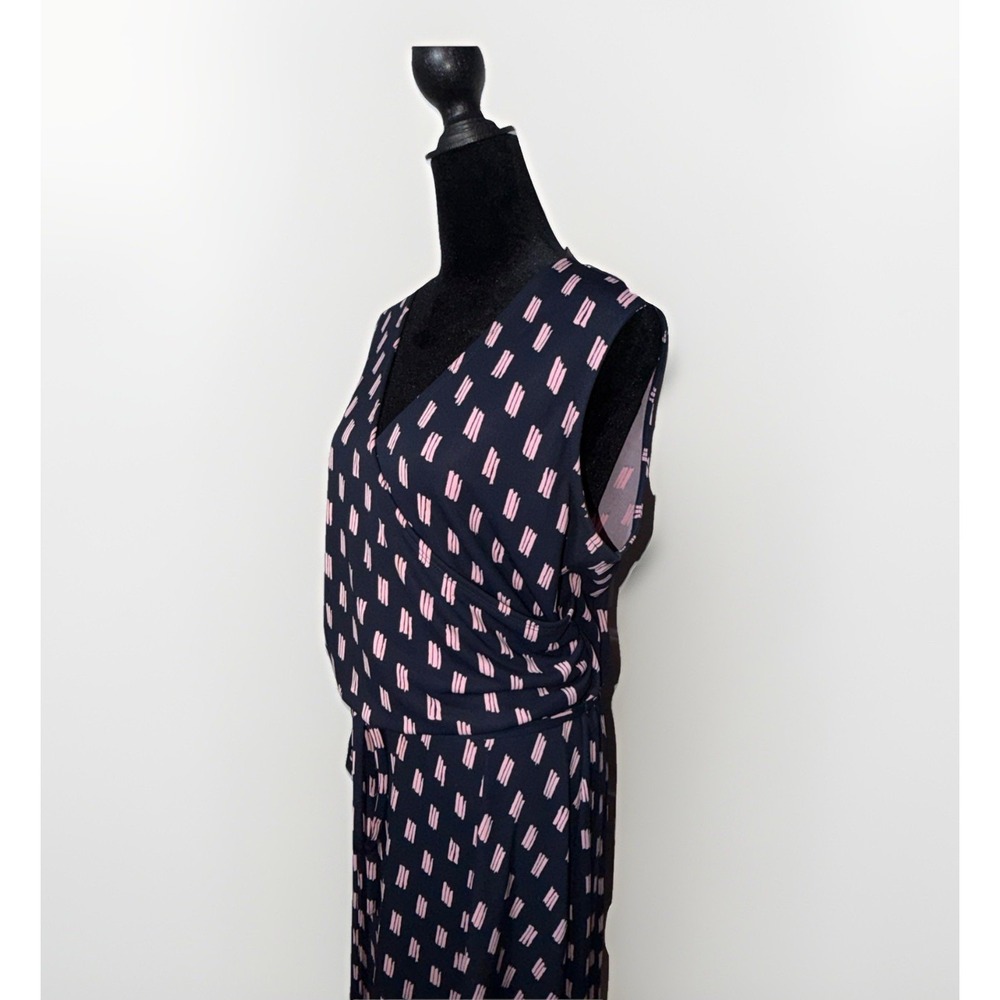 Land's End Faux Wrap Sleeveless Dress A-Line Navy Blue Pink Size LP Ruched‎ - Picture 3 of 6